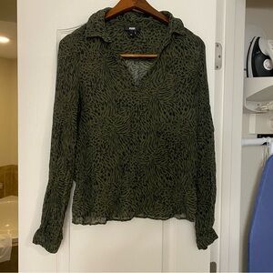 PAIGE Womens Sheer Top Blouse M 38” Long Sleeve Olive Green & Black Animal Print